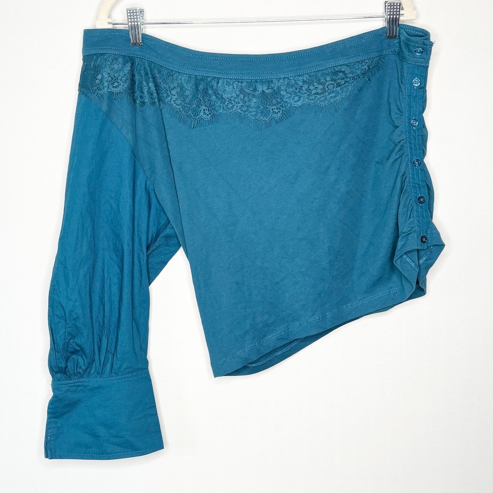 Anthropologie One Shoulder Lace Trim Crop Top Teal Blue Size XL Cotton NWT - Picture 10 of 10